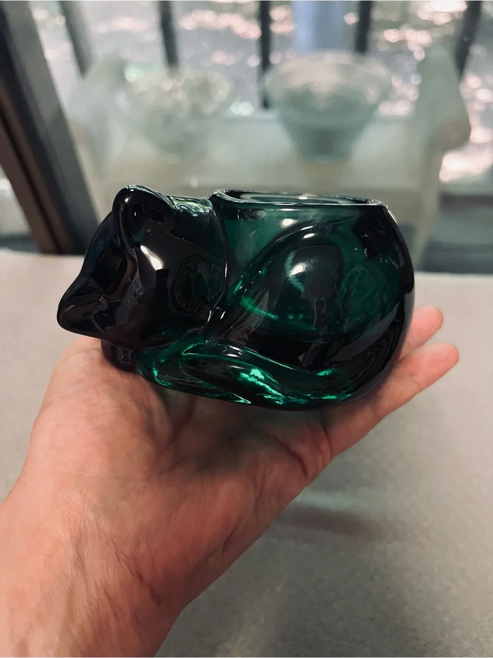 Indiana Glass VTG Emerald Green Sleeping Cat Votive Candle Holder Paperweight